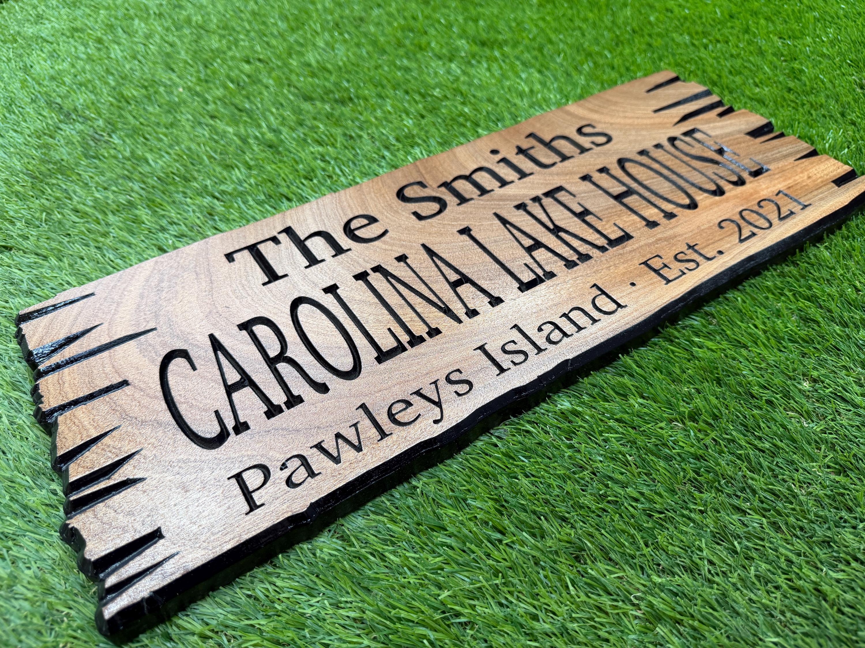 South Carolina Lake House Sign Custom Wood Live Edge, SC Cabin Sign Personalized, Lowcountry Home Sign Carved Hardwood Carolina