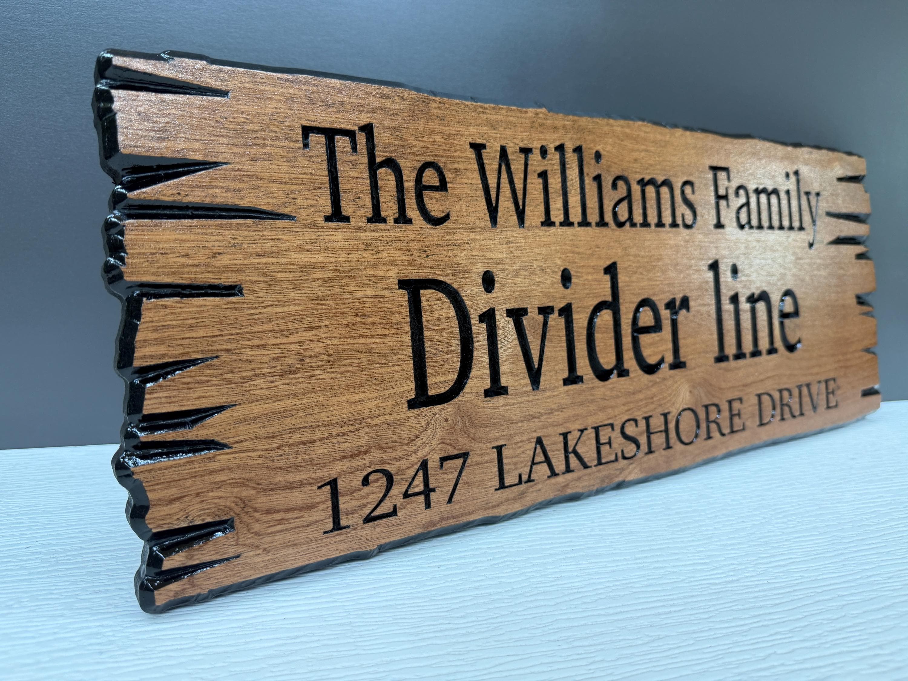 Lake House Gate Sign Custom Wood Live Edge, Family Name and Address Sign, Personalized Lake Property Sign Carved Hardwood
