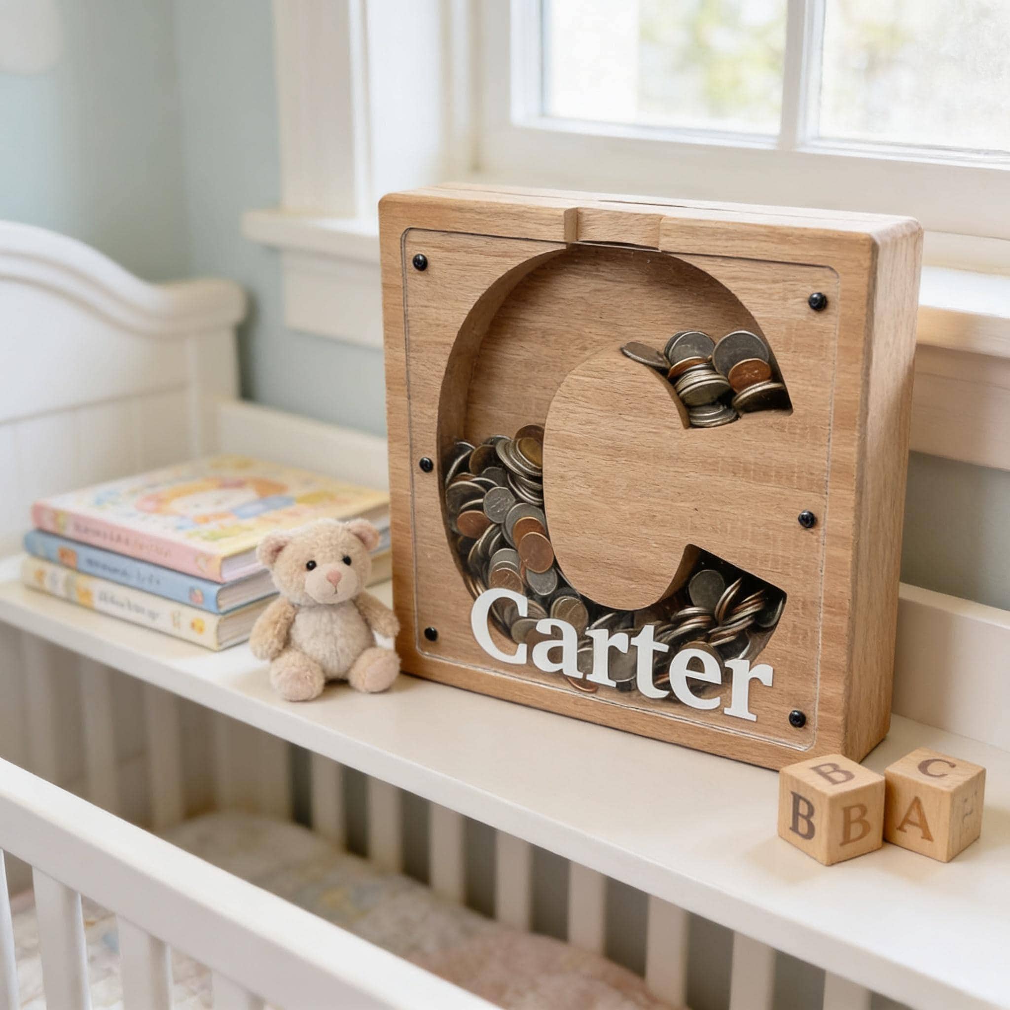 A wooden coin bank with the name " Carter" written on it, sitting on a white shelf next to a teddy bear and some blocks.