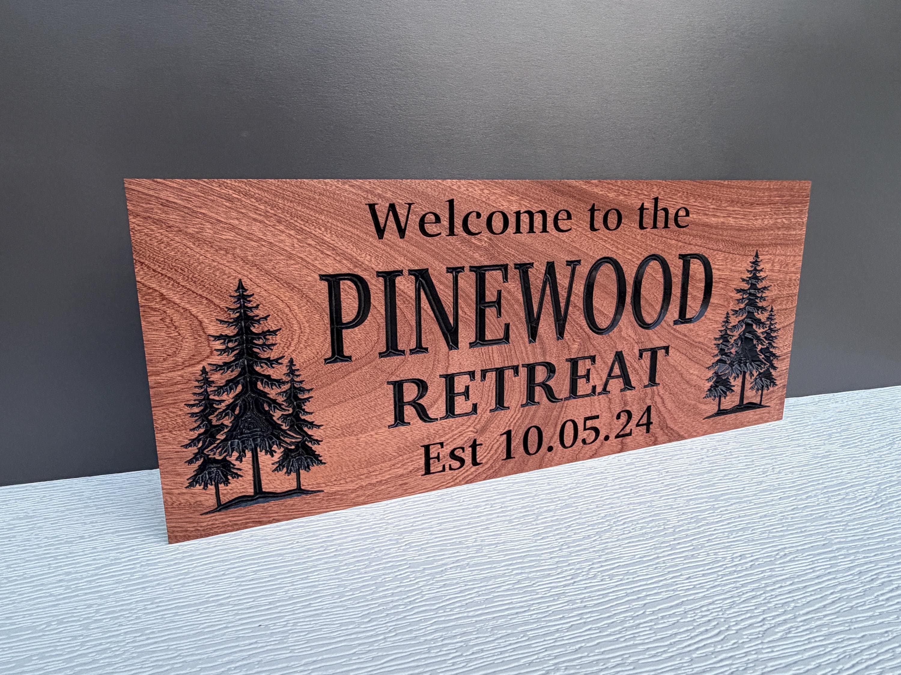Welcome to the Lake Sign Custom Wood Live Edge, Personalized Family Name Lake Sign Pine Trees, Named Lake Sign Carved Hardwood