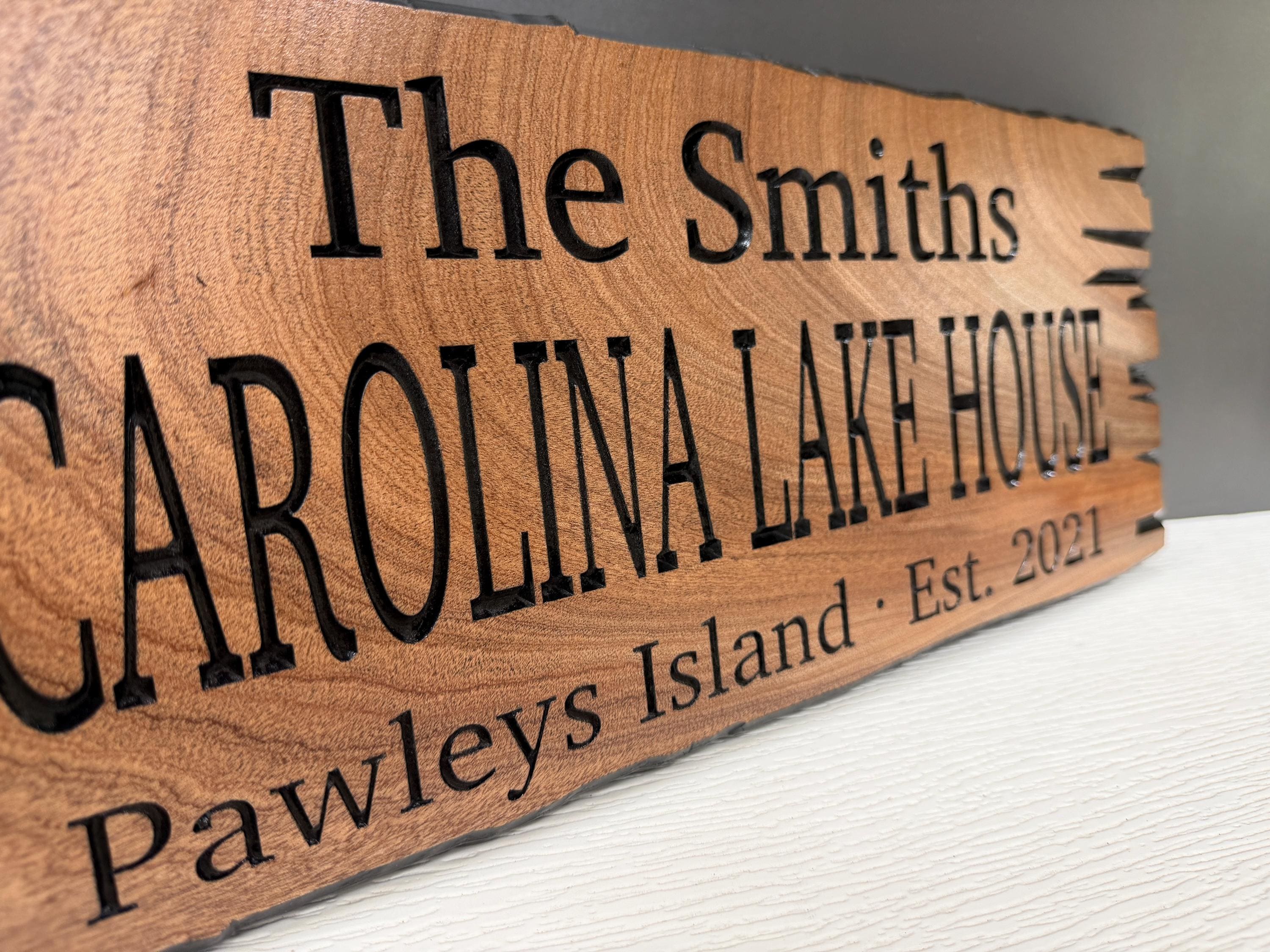 South Carolina Lake House Sign Custom Wood Live Edge, SC Cabin Sign Personalized, Lowcountry Home Sign Carved Hardwood Carolina