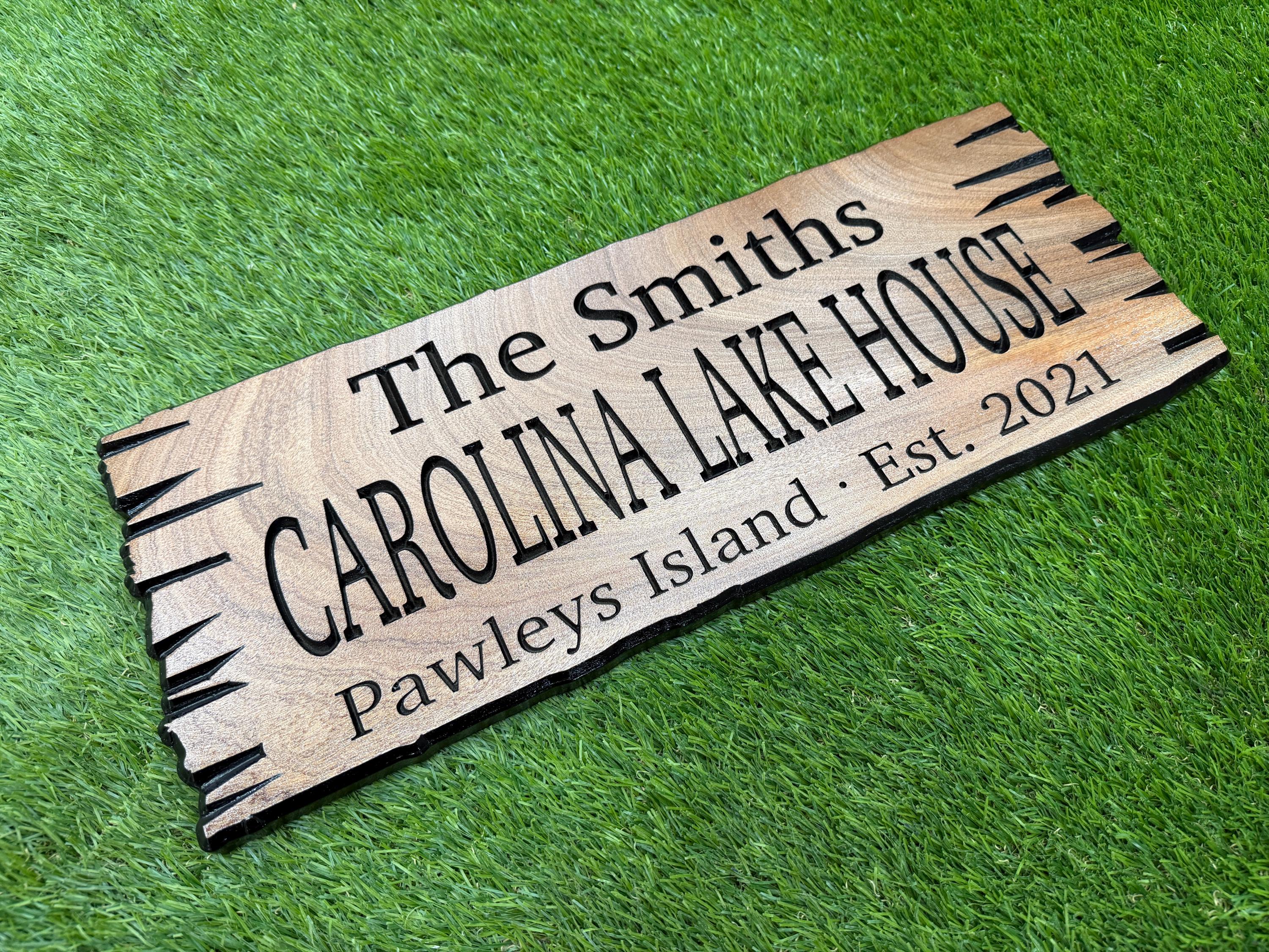 South Carolina Lake House Sign Custom Wood Live Edge, SC Cabin Sign Personalized, Lowcountry Home Sign Carved Hardwood Carolina