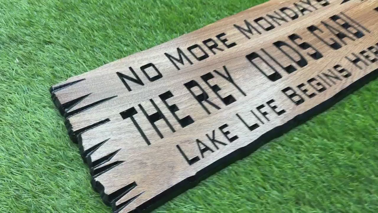 Load video: Retirement Cabin Sign Custom Wood Live Edge, We Made It Sign Personalized, Retired Lake House Sign Carved Hardwood, Finally Here
