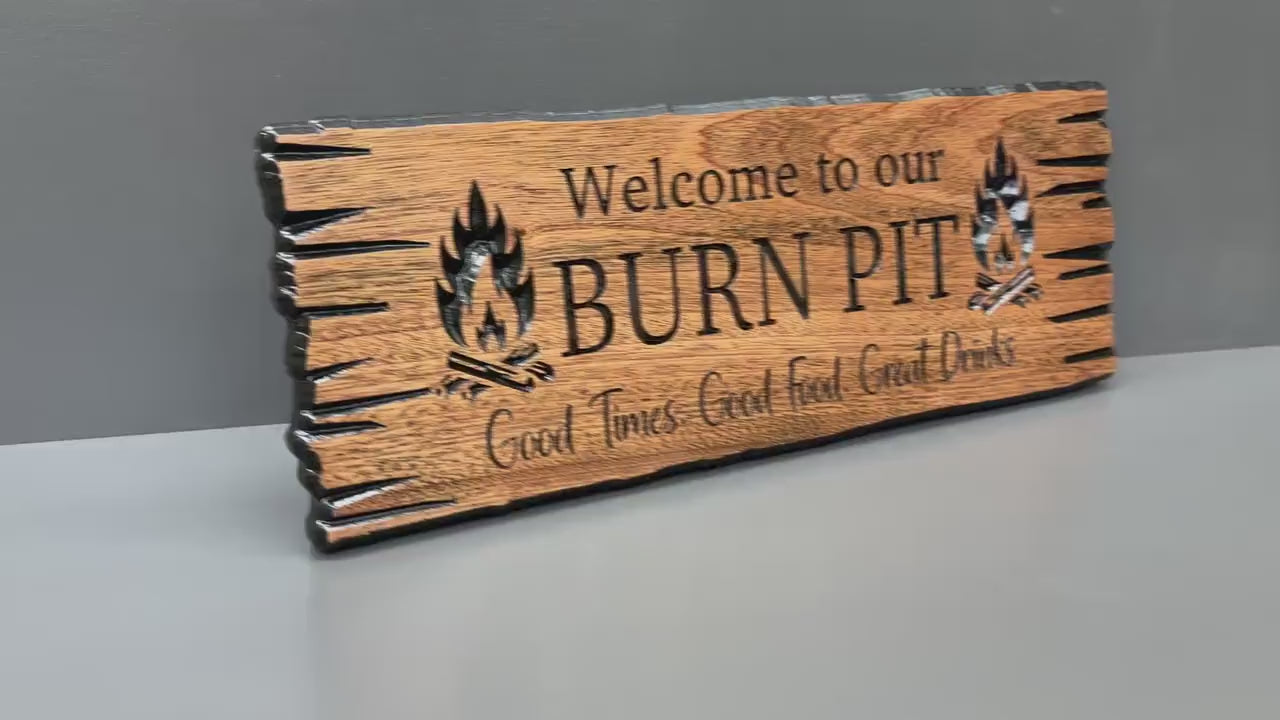 Load video: Burn Pit Sign Custom Wood, Welcome to Our Burn Pit, Fire Pit Sign Live Edge Carved Hardwood, Backyard Campfire Sign Personalized