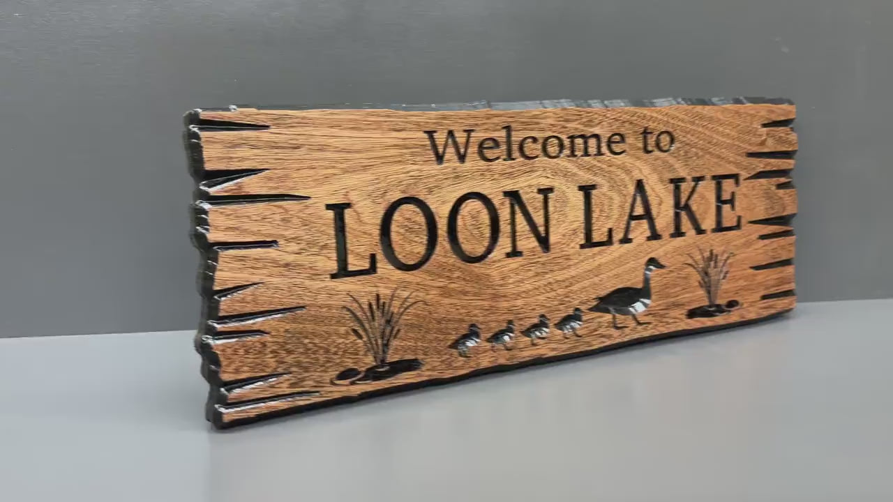 Load video: Loon Lake House Gift Custom Wood, Personalized Loon Sign Lake House Decor, Lake Cabin Gift Carved Hardwood, Loon Bird Gift Sign