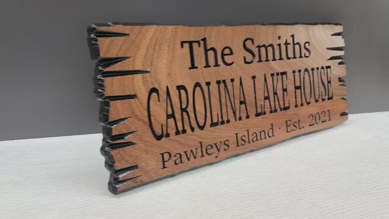 Load video: South Carolina Lake House Sign Custom Wood Live Edge, SC Cabin Sign Personalized, Lowcountry Home Sign Carved Hardwood Carolina