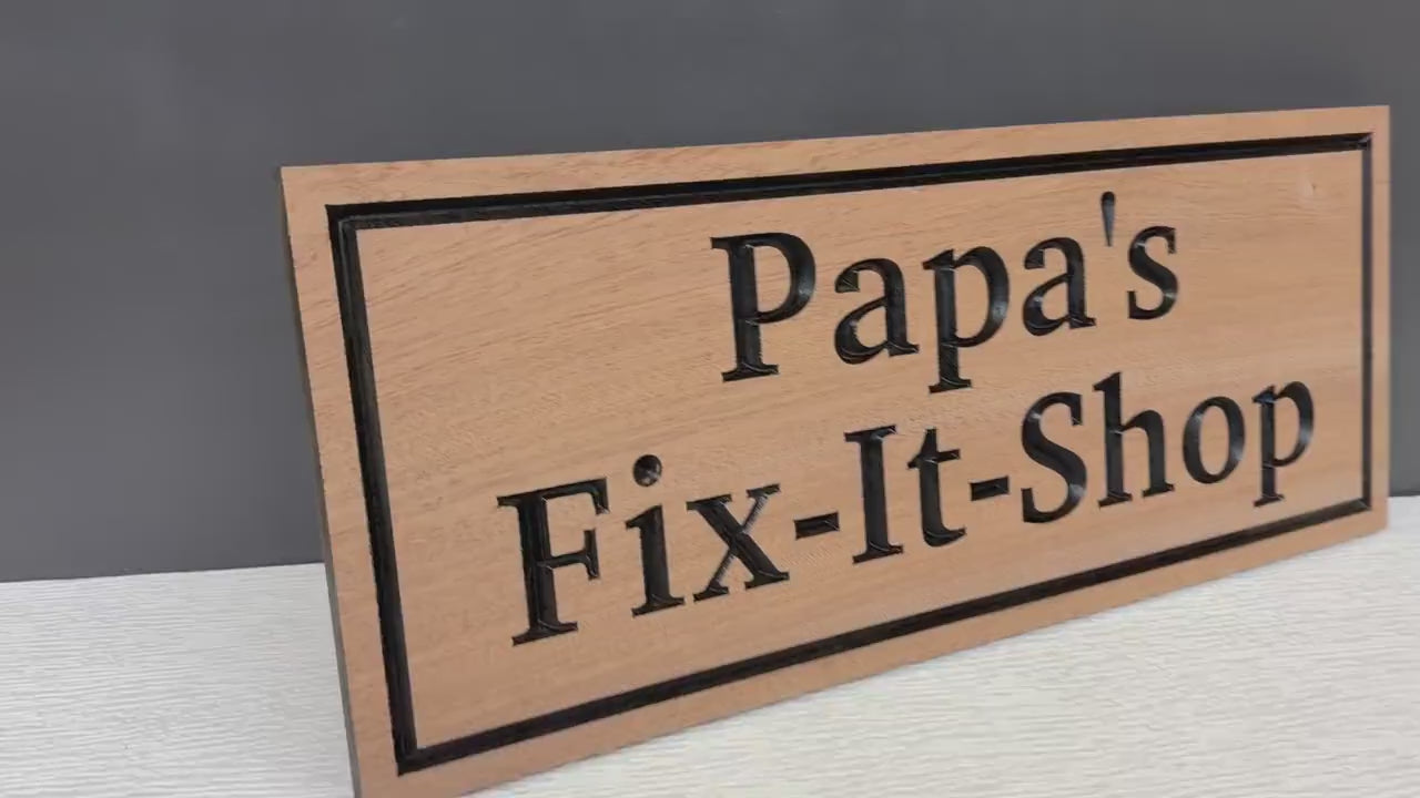 Load video: Papa's Workshop Sign, Personalized Garage Sign for Dad, Custom Carved Wood Shop Sign, Father's Day Gift