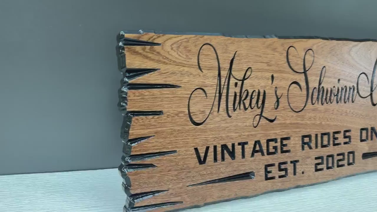 Load video: Vintage Car Sign Custom Wood, Personalized Classic Car Man Cave Sign, Vintage Rides Only Live Edge Carved Hardwood, Car Cave Sign