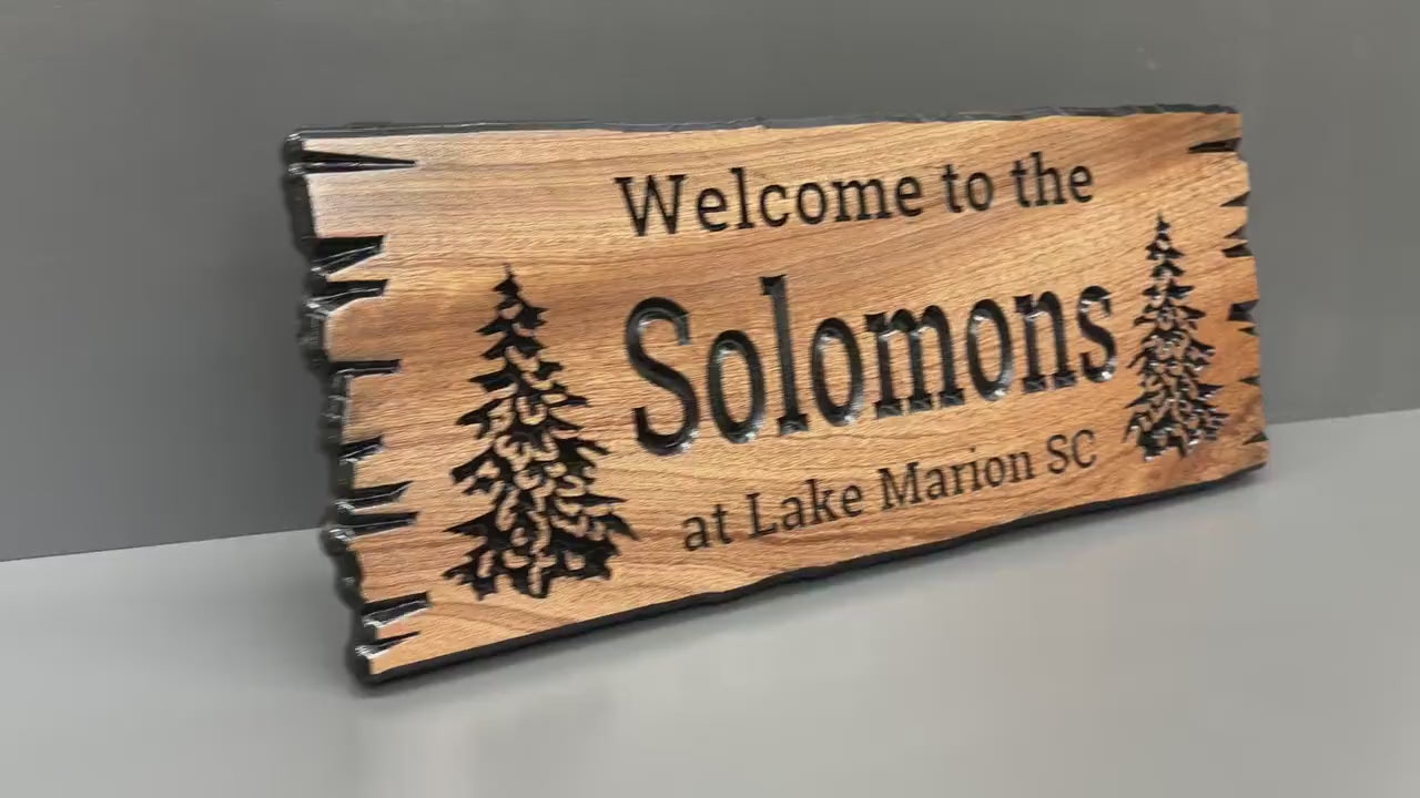 Load video: Custom Wooden Sign, Wood Cabin Sign, Custom Lake House Sign, Sign Custom Wood Plaque Camp Sign Wooden Rustic Gift Family Name Signs