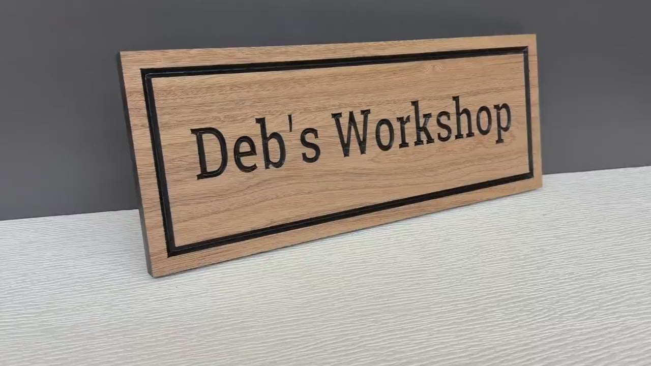 Load video: Personalized Women's Workshop Sign, Custom Craft Room Sign, She Shed Sign, Gift for Her, Carved Wood Studio Sign for Women