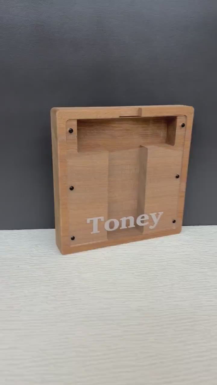 Load video: Godparent Gift Custom Wood Bank, Godchild Keepsake, Naming Ceremony Gift, Personalized Mahogany Baby Bank, Godmother Gift