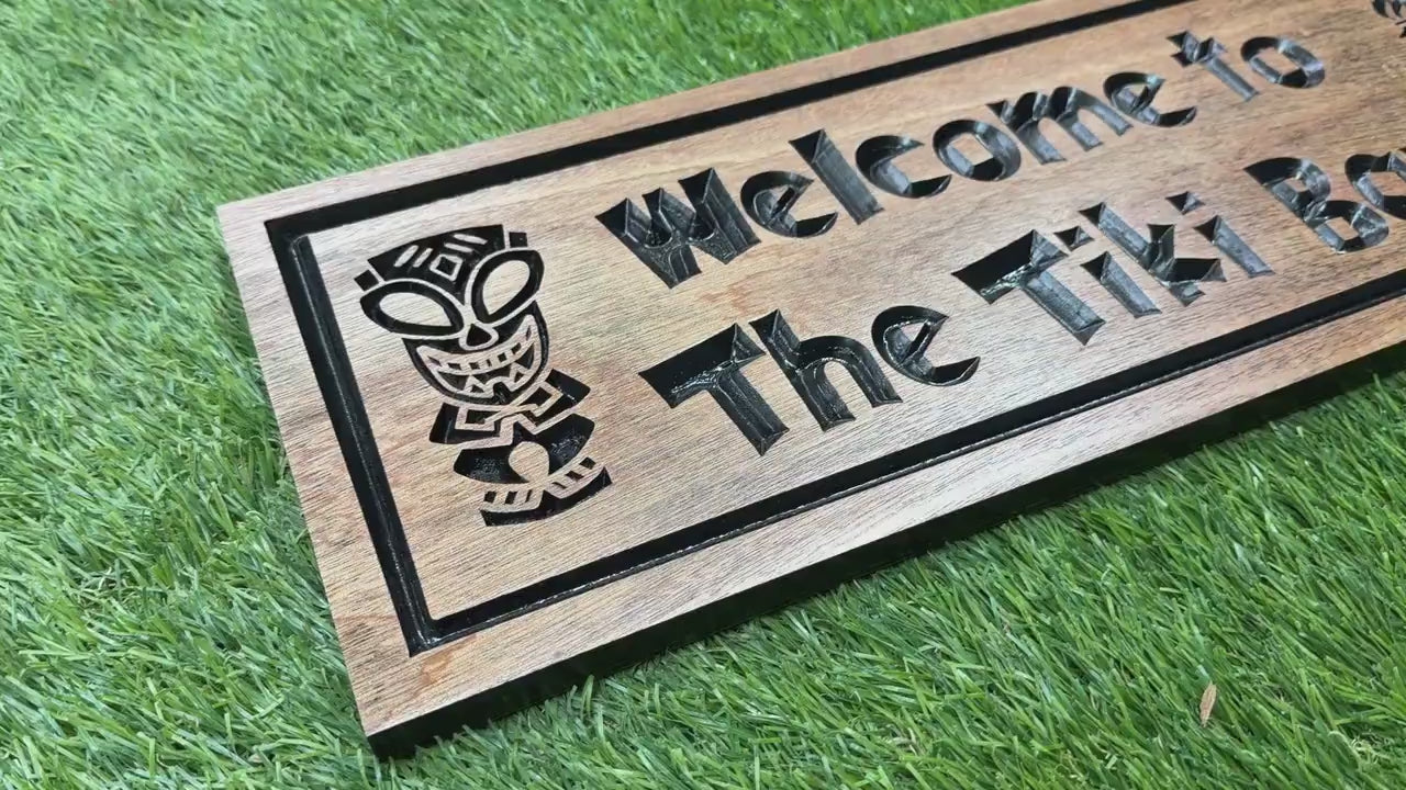 Load video: Tiki Bar Sign Wedding Gift, Couples Bar Sign Personalized, Custom Tropical Bar Decor Carved Hardwood, Anniversary Bar Gift Wood