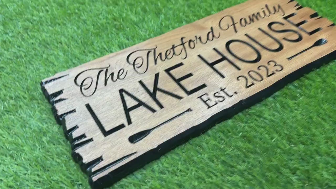 Load video: Lake House Sign Custom Wood, Cabin Lodge Decor Carved Hardwood, Personalized Lake Name Sign, Lakehouse Welcome Plaque
