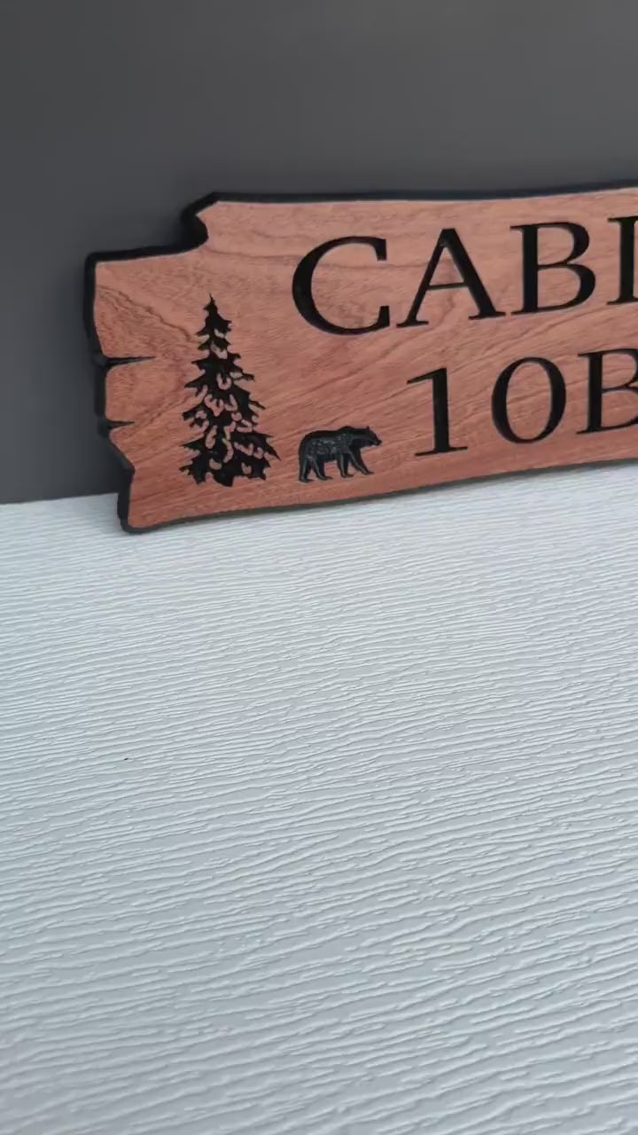 Load video: Cabin Address Sign, Camping Space Number, Personalized Rustic Wood Sign: Cabin, Address, Welcome sign