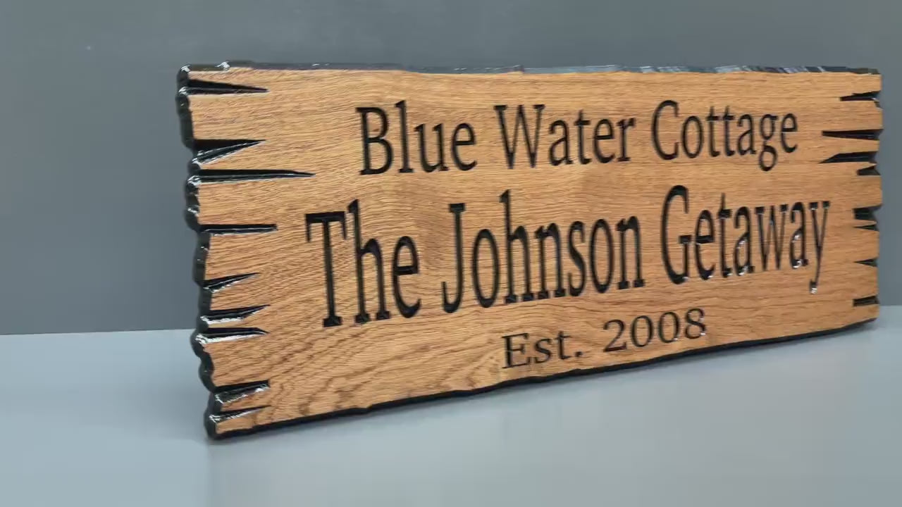 Load video: Vacation Rental Sign Custom Wood Live Edge, Airbnb Cabin Sign Personalized, Short Term Rental Welcome Sign Carved Hardwood